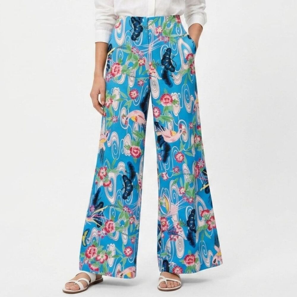 Zara High Waisted Wide Leg Butterfly Floral Print Satin Palazzo Pants Size M